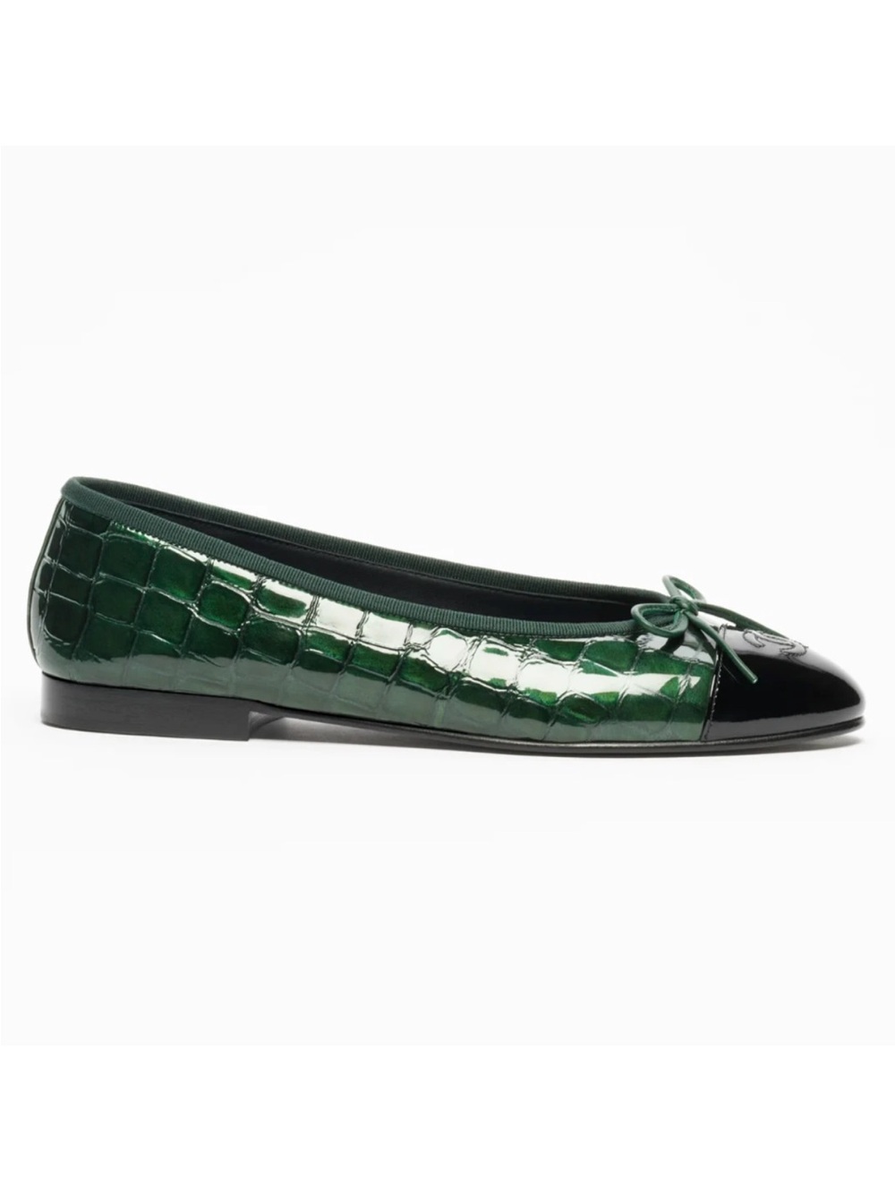Chanel 26A Dark Green Black Crocodile Patent CC Logo Ballet Ballerina Flat 39